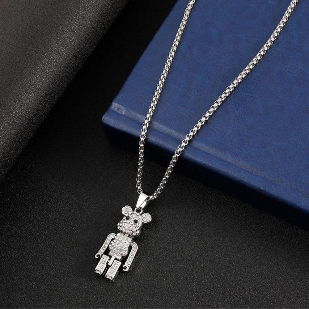 Brand New Rhinestone Bear Silver Necklace